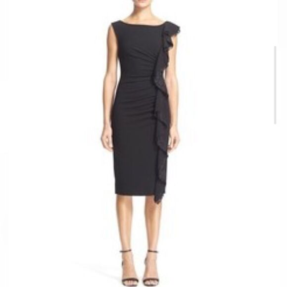 Tracy Reese Black Sleeveless Ruched Ruffle Lace Shift‎ Dress 8 - Picture 1 of 13